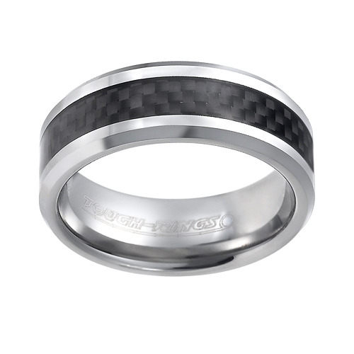 Tungsten wedding bands - beveled edges polished tungsten ring with delicate carbon fiber inlay - 8mm