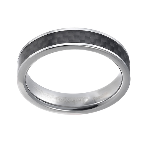 Tungsten wedding bands - delicate polished tungsten ring with black carbon inlay - 5mm