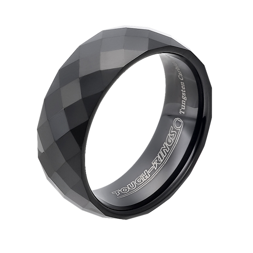 Tungsten wedding bands - polished faceted black oxidized tungsten ring - 8mm