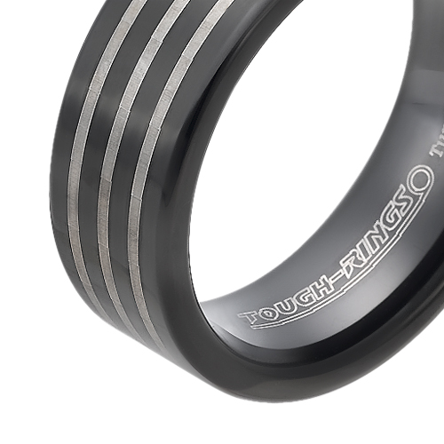 Tungsten wedding bands - black oxidized tungsten ring with three stripes trim - 8mm