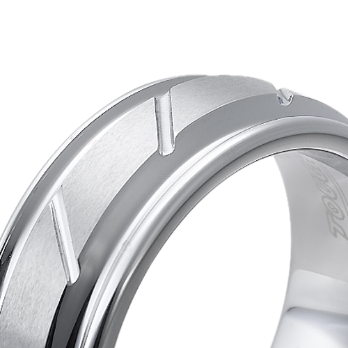 Tungsten wedding bands - polished tungsten ring with hand engraved trims and white finishing - 8mm