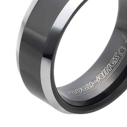 Tungsten wedding bands - polished black oxidized tungsten ring with beveled edges - 8mm