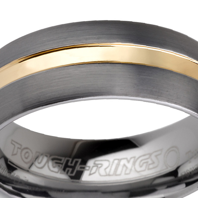 Tungsten wedding bands - brushed tungsten ring with polished gold centered inlay - 8mm